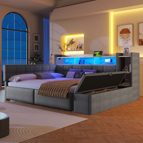 Merax Polsterbett 140 × 190 cm, Doppelbett, Tagesbett, Daybett, Schlafsofa, mit 2 Schubladen, USB- und Typ-C-Anschlüssen, LED-Lichtleiste, Ohne Matratze, Samt, Dunkelgrau