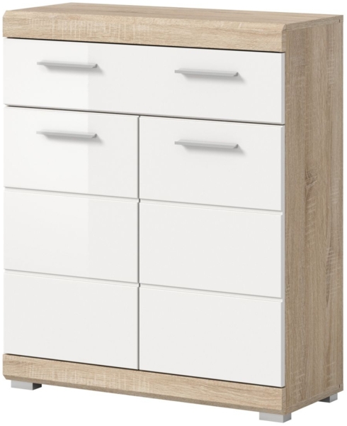 Badezimmer Kommode Mambo in weiß Hochglanz und Eiche 74 x 88 cm