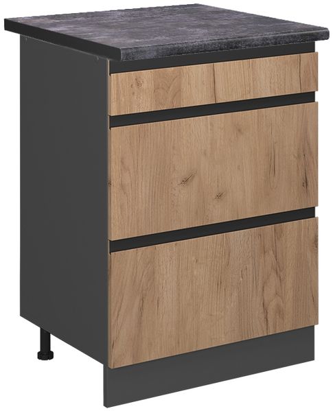 Küchenunterschrank R-Line Goldkraft Eiche 60 cm J-Shape mit Schubladen, AP Anthrazit Vicco