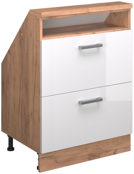Küchenschrank für Dachschrägen R-Line Weiß Hochglanz 60 cm mit 2 Schubladen Vicco