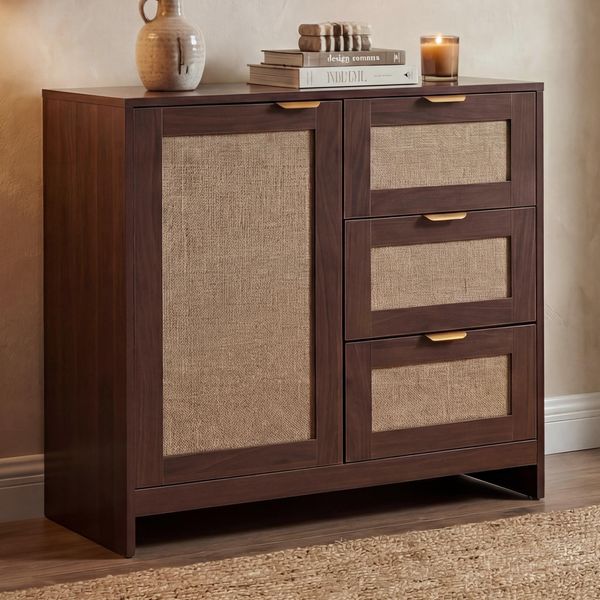 Kommode HWC-P50, Schrank Sideboard Highboard, Schubladen Staufach, MDF Melamin Leinenfront ~ Walnuss-Optik