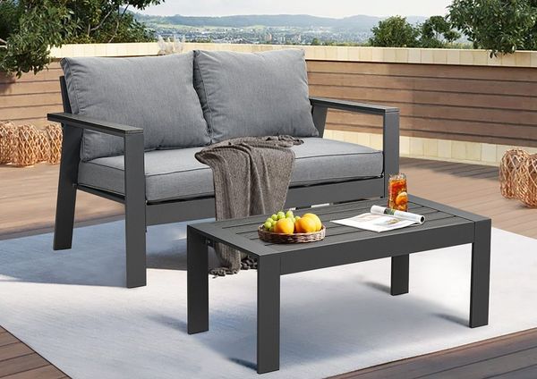 MeXo Gartenlounge-Set Aluminium Balkonmöbel Set Wetterfest, (Einteiliges Premium Sitzkissen 10cm, 2-tlg, Loungetisch 100x50 cm), Balkon Lounge Set klein, Balkonsofa 2 Sitzer