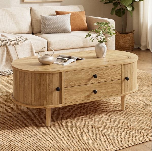 Merax Couchtisch Oval Sofatisch mit vertikalen Leisten in Holzoptik (1-St, 100 x 50 x 40 cm), Wohnzimmertisch mit Schiebetüren, 2 Schubladen & Stauraum