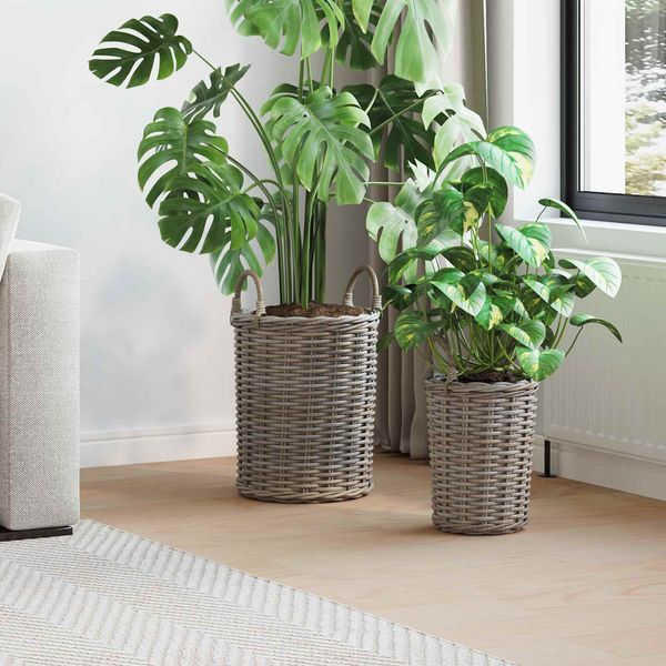 vidaXL Blumentopfkorb mit Speicher 2 Stk. Natürliches Grau Kubu Rattan 42020957