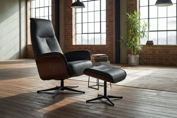 KAWOLA Relaxsessel FERREIRA Drehsessel Leder schwarz mit Hocker 106 x 84 x 78 cm
