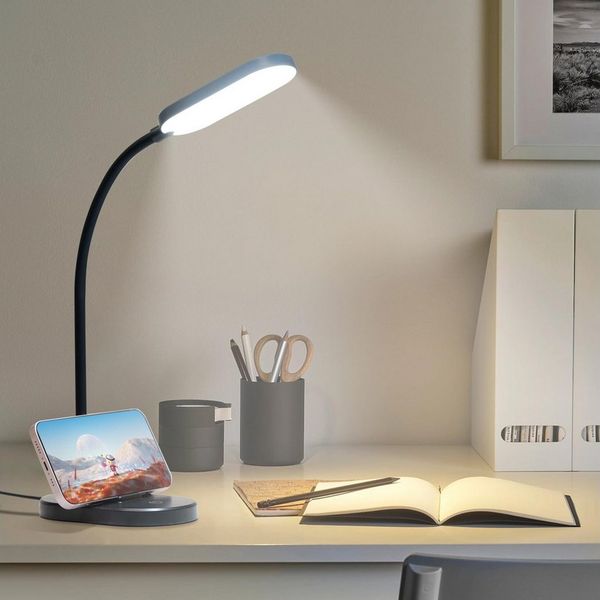 LQWELL Schreibtischlampe Tischleuchte mit Telefonhalter, LED fest integriert, 360° Flexibel Touch-Steuerung, Studienlampe für Heimbüro, 5000k, 160 Lumen, LED Schreibtischlampe