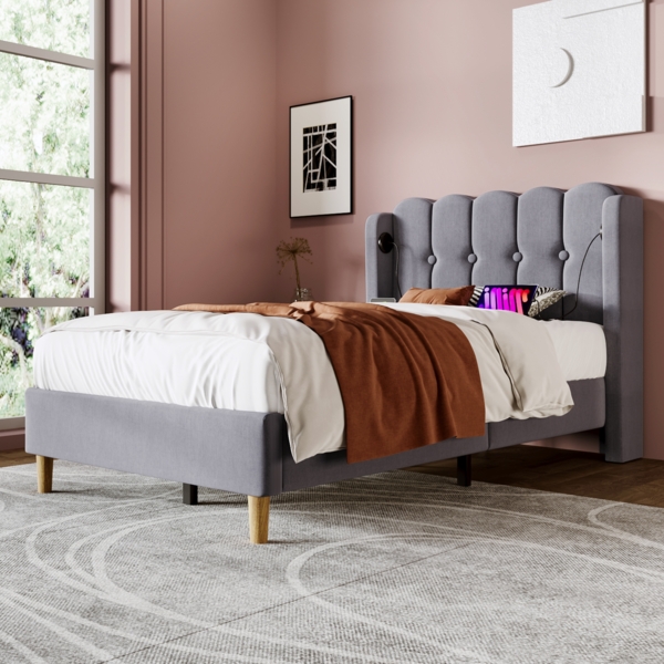 Polsterbett 140x200 cm mit Stauraum und LED-Beleuchtung – höhenverstellbares Kopfteil und USB-/Type-C-Ladefunktion