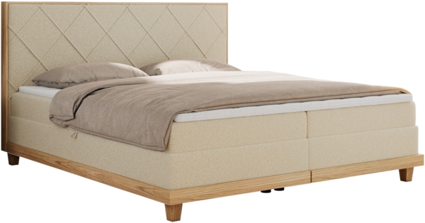 Boxspringbett mit Massivholzelementen und Multipocket - Matratzen - CAICOS - 160 x 200 cm - Beige Boucle - H4 Bild 3