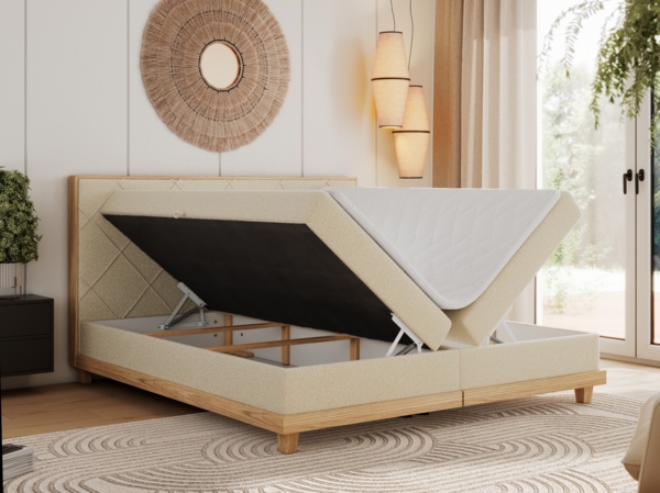 Boxspringbett mit Massivholzelementen und Multipocket - Matratzen - CAICOS - 160 x 200 cm - Beige Boucle - H4 Bild 2