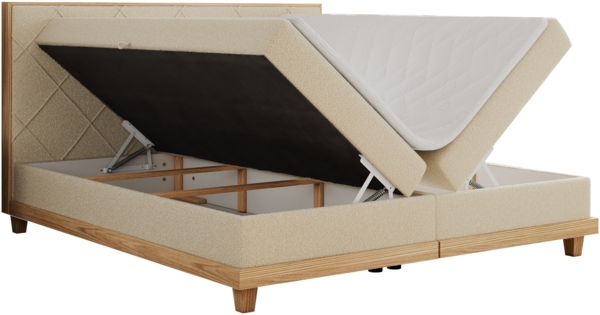 Boxspringbett mit Massivholzelementen und Multipocket - Matratzen - CAICOS - 160 x 200 cm - Beige Boucle - H4 Bild 4