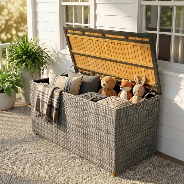 Outsunny Gartenbox mit FSC-Holz-Deckel, Gasdruckfedern, Innenfutter (Auflagenbox, 1 St, Aufbewahrungsbox), für Garten Balkon Pool Dunkelgrau