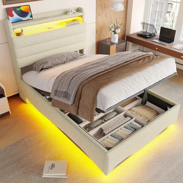 Polsterbett mit LED-Beleuchtung, USB/Type-C Anschlüssen, Stauraum, gepolstertem Kopfteil, 90x200cm, Einzelbett, Stauraumbett, Leinen