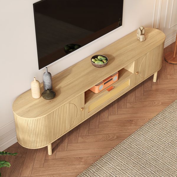 Moderner TV-Schrank, mit Rattan-Schubladen mit offenen Fächern, abgerundeter Tischplatte, Metallbeinen in Holzoptik, multifunktionales Wohnzimmermöbel, Rattan/Metall/Holzoptik
