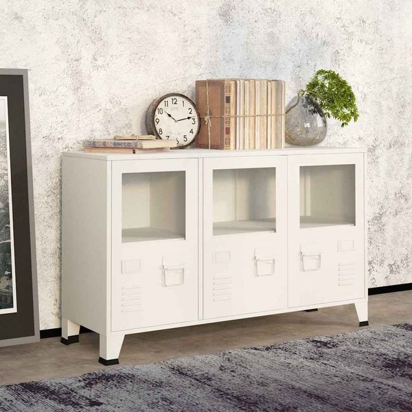 Sideboard, Kommode Weiß 105x35x62 cm Metall und Glas Industrial