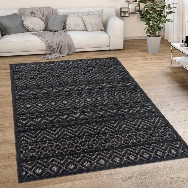 Paco Home Teppich Livorno 673, rechteckig, Höhe: 14 mm, Uni-Farben, Scandi, Rauten Muster, Hoch-Tief Effekt, Outdoor geeignet