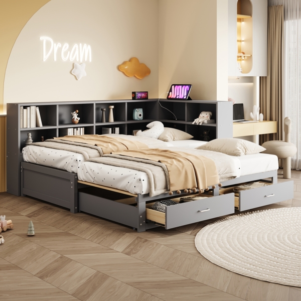 Merax Daybett, kinderbett 90/180*190cm, Mit Ausziehbarem Bett, Mit Staufach, multifunktionale Euro-Steckdose, Schubladen, Grau