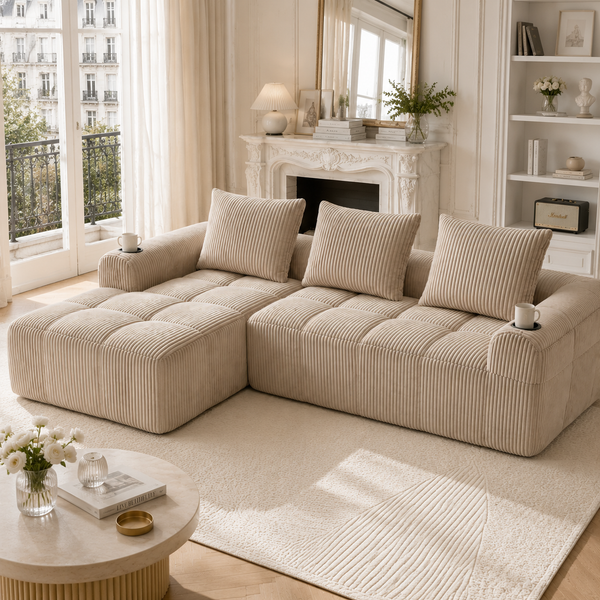 U-Sofa, LED, USB-C, Massivholzrahmen, 4 Kissen, Beige