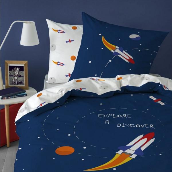 MTOnlinehandel Kinderbettwäsche Rakete Planeten Weltall 135x200 + 80x80 cm, 100 % Baumwolle, Renforcé, 2 teilig, hochwertige Bettwäsche für Mädchen und Jungen
