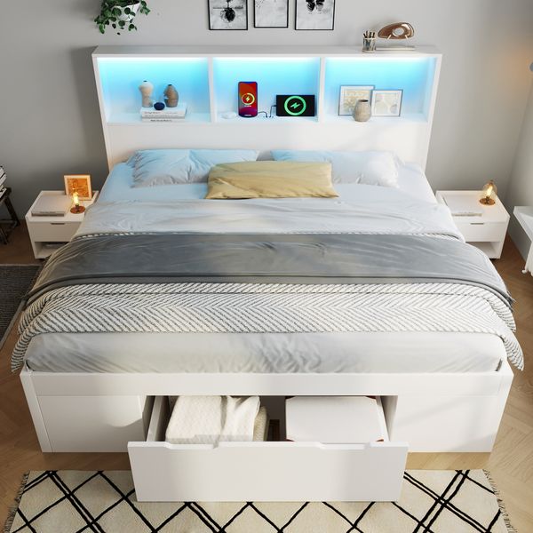 Merax Funktionsbett, Doppelbett, 140x200 cm, mit Stauraum und 2 beweglichen Nachttischen, mit LED Beleuchtung und USB Type-C Ladefunktion, Bettgestell mit Schublade und Regalen, Weiß