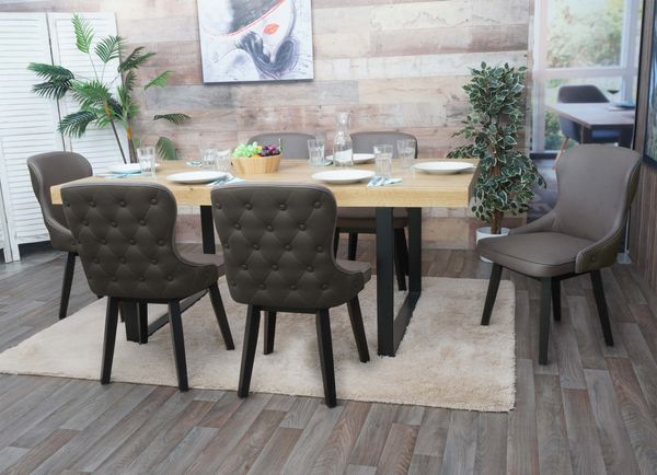 6er-Set Esszimmerstuhl HWC-M60, Polsterstuhl Küchenstuhl Lehnstuhl Stuhl, Stoff/Textil Massiv-Holz ~ dunkelgrün-grau