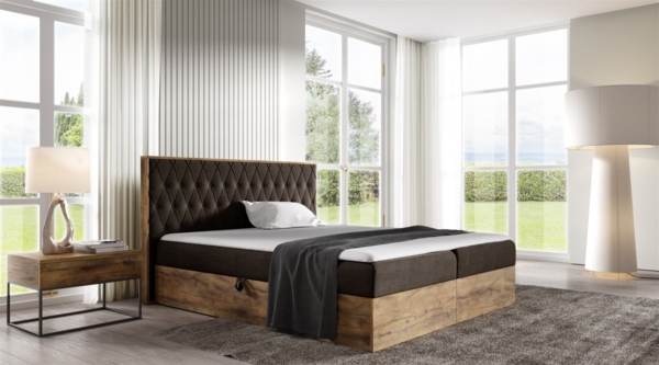 Boxspringbett Bett BROMIA 180x200 cm Lancelot Eiche Stoff Braun inkl. Bettkasten