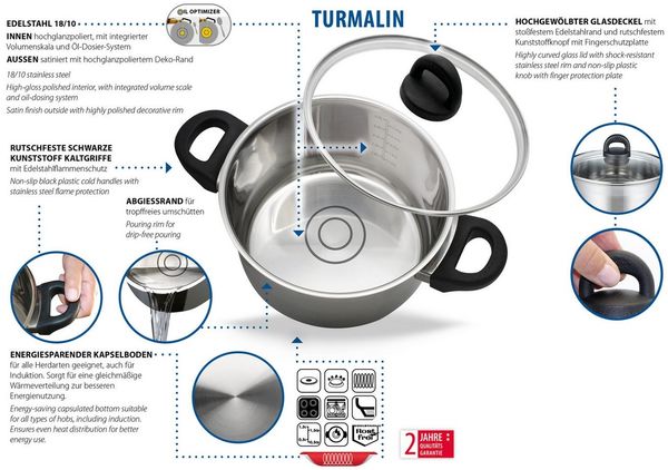 Elo Basic Kasserolle Turmalin, Edelstahl 18/8 (1-tlg), Öl Dosierringe, Induktion, Ø 16 cm