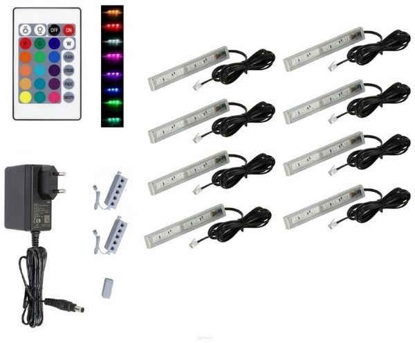 QLS LED Unterbauleuchte RGB 12V 2-8 Stück Schwarz, LED fest integriert, Glasbodenbeleuchtung Lichtleiste Fernbedienung 16 Farben Dimmbar