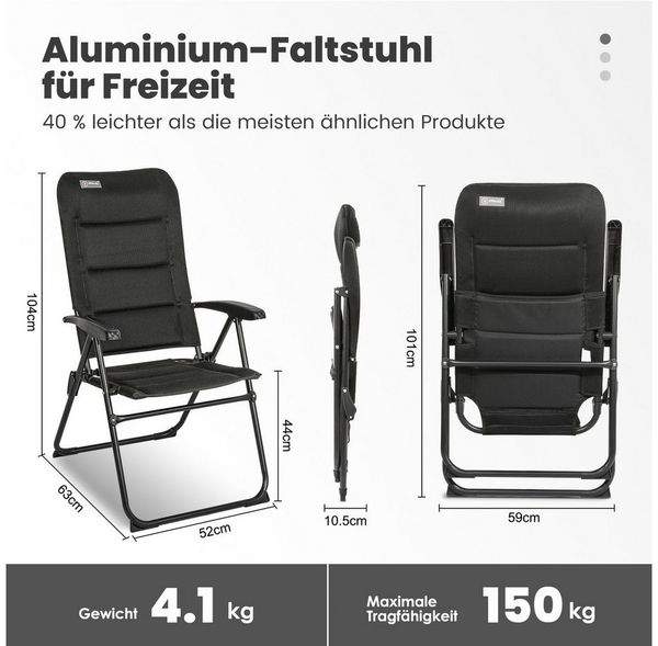 HOMECALL Klappstuhl Gartenstühle hochlehner Luxus campingstuhle bis 150 kg Gepolstert (Set, 1 St), mit 5-Fach Verstellbare lehne, für Camp Garten Balkon