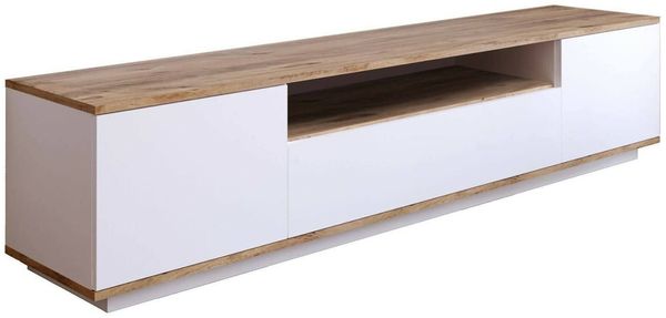 Dmora Fernsehschrank Asellina, Ständer für Wohnzimmerfernseher, Niedriges Wohnzimmer-Sideboard, TV-Ständerbasis, 180x45h45 cm, Eiche und Weiß