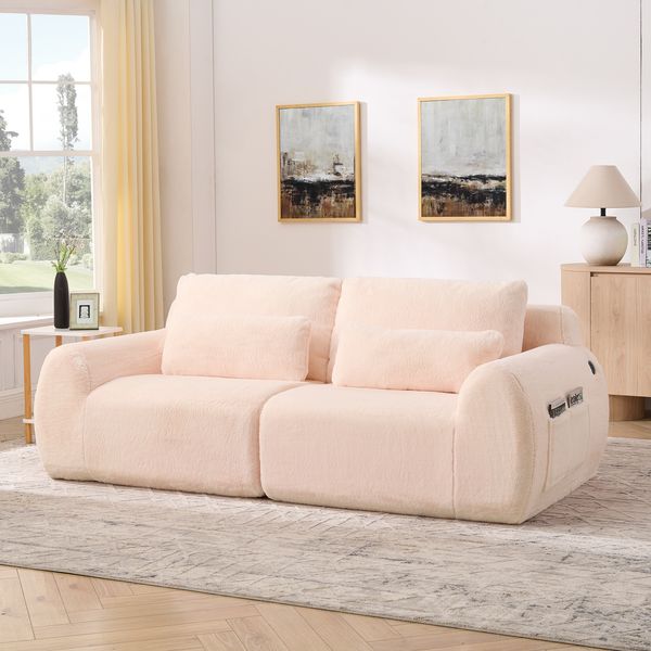 Flieks 2-Sitzer Sofa mit USB-Ladeanschluss & Seitentasche, hochfedernder Schaumstoff, Samt, Rosa