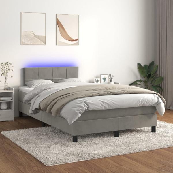 vidaXL Boxspringbett mit Matratze & LED Hellgrau 120x200 cm Samt, Härtegrad: H2 [3134393]