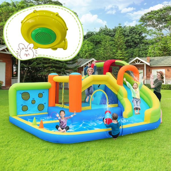 LVHOM Aufblasbare Hüpfburg mit Gebläse, Spielpool, Trocken-/Wasserrutsche, Springburg Outdoor, Wasserpark mit Trampolin, Planschbecken, 410 x 315 x 203cm