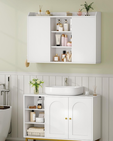 Hängeschrank, Wandschrank mit verstellbaren Ablagen, mit Schiebetüren und offenen Regalen, Badezimmerschrank, Küchenschrank, 20 x 90 x 60 cm, Weiß