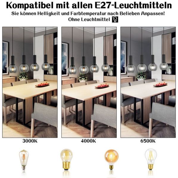Nettlife Pendelleuchte Vintage Esstisch Glas Schwarz Industrial E27 Wohnzimmer, Höhenverstellbar, LED wechselbar, Esstischlampe für Wohnzimmer Küche