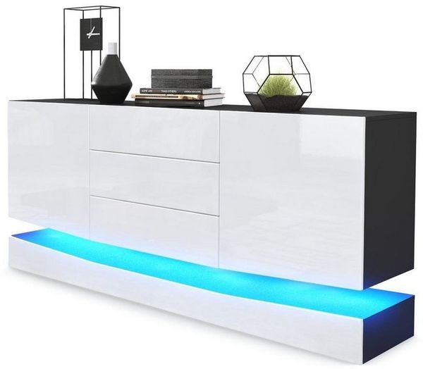 Vladon Sideboard City, Schwarz matt/Weiß Hochglanz inkl. LED - Moderne Kommode für Ihr Wohnbereich (178 x 72 x 38 cm)