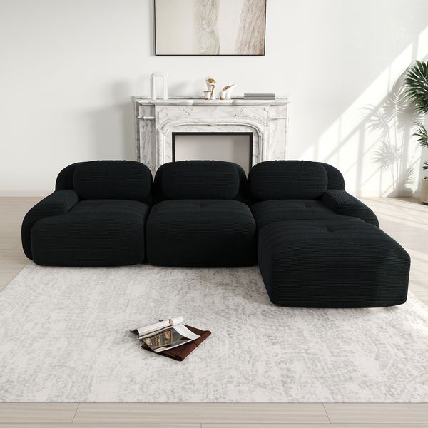Ecksofa Schwarz aus Cord, modular, rahmenlos, ergonomisch mit breiter Sitzfläche,298x178x75 cm