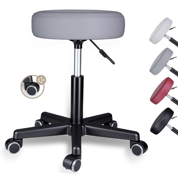 Zedelmaier Rollhocker höhenverstellbar, Bürohocker mit Gummirollen, 360° drehbar Hocker mit Rollen & 10 cm Polsterung, Sitzhocker Werkstatt, Drehhocker ergonomisch, Sitzhöhe 44–58 cm, Grau