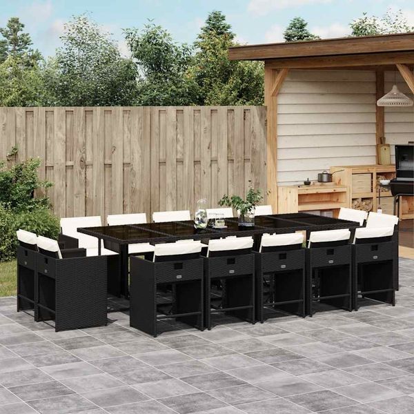 vidaXL 15-tlg. Garten-Essgruppe mit Kissen Schwarz Poly Rattan 3211230