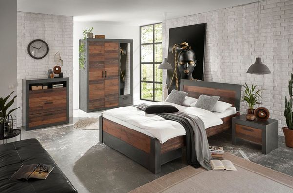 Home affaire Schlafzimmer-Set BROOKLYN, (Set, 5-tlg), Bett mit Holzkopfteil und Schublade