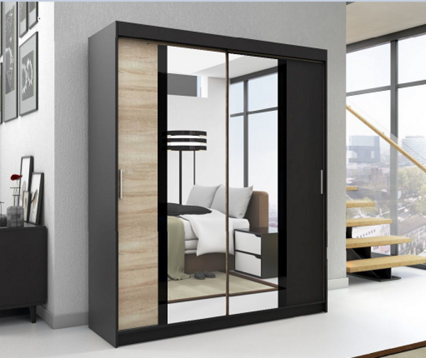 Schwebetürenschrank BRANI 2-türig Schrank 160 cm (mit Spiegel) Farbe: Schwarz , sonoma