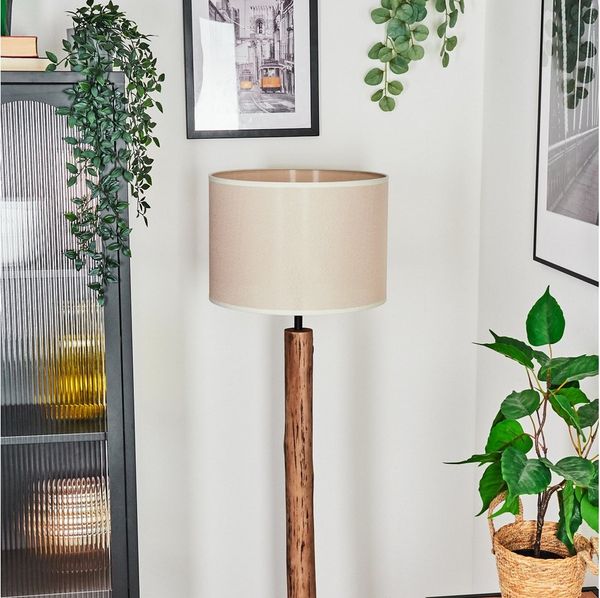 hofstein Stehlampe Stehlampe aus Metall/Eukalyptusholz im modernen Boho-Design, Stehleuchte mit Stoffschirm (40 cm) und Fußschalter, E27, 153 cm