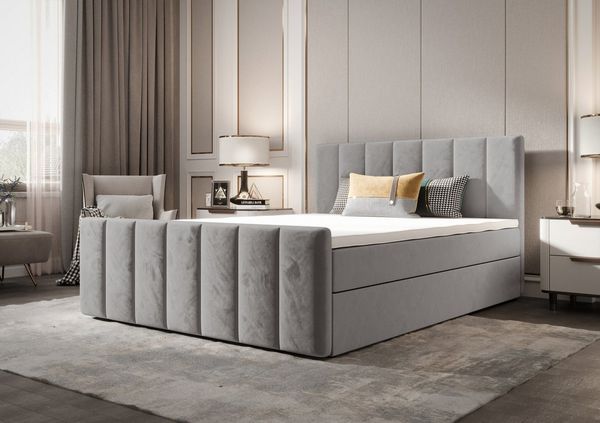B&B Home 'Adelle IV' Boxspringbett mit Bettkasten, Samt, Hellgrau, 140x200 cm