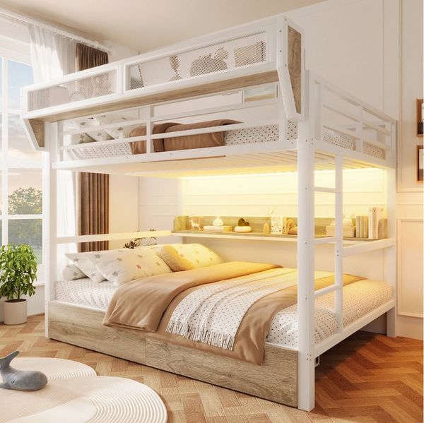 Flieks Etagenbett, Metallbett 140x200 cm mit Schubladen LED-Beleuchtung Aufbewahrungskorb