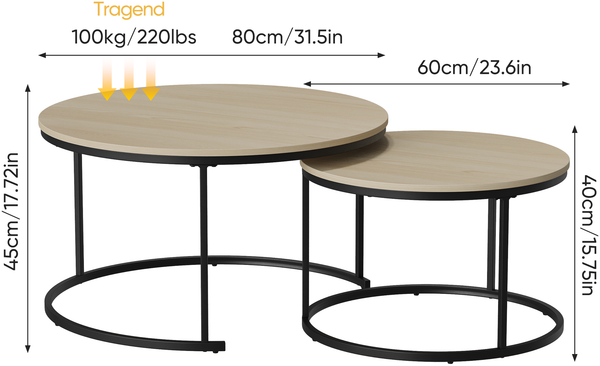 2er Couchtisch-Set, verschachtelbar, 80 x 80/60 x H 45/40 cm, Holzoptik mit Metallgestell, modern-industriell Bild 5