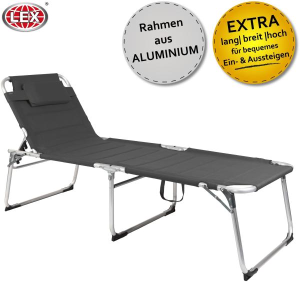 XXL Aluminium Gartenliege Sonnenliege gepolstert mit Kopfkissen klappbar 200 cm Anthrazit