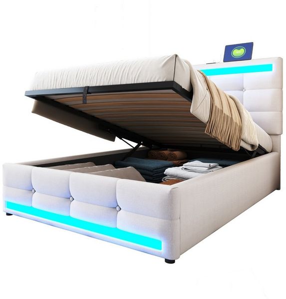 REDOM Polsterbett mit USB-Anschlüssen, RGB-LED-Licht und hydraulischem Stauraum (Stauraumbett mit verstellbarem Kopfteil, Funktionsbett 90x200 cm), ohne Matratze