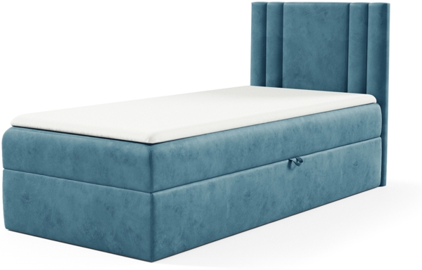 MEBLINI Kinderbett mit Bettkasten CARDI 90x200 Rechts – H3/Blau Samt Gepolstert Einzelbett mit Matratze - Polsterbett mit Stauraum - Bett mit Kopfteil – Stauraumbett