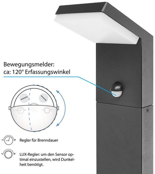 Maxkomfort LED Außen-Stehlampe mit/ohne Bewegungsmelder, 9W Warmweiß 3000K, mit Bewegungsmelder, LED fest integriert, Außenstandleuchte für Garten & Wege - IP44 Aluminium