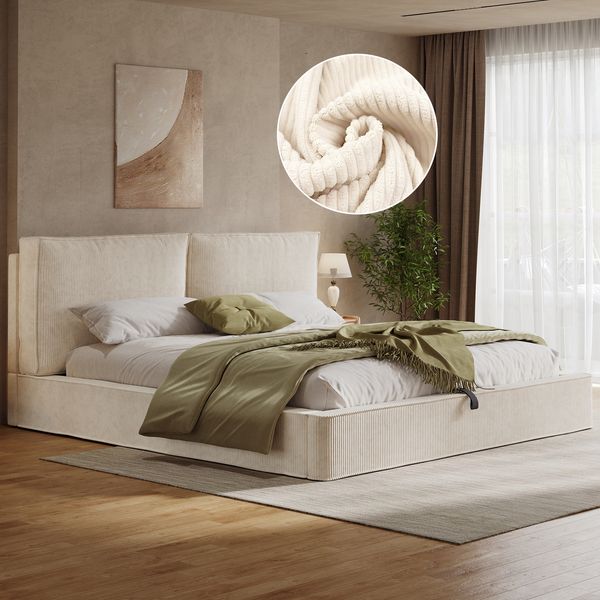 Polsterbett,Doppelbett,180 x 200cm,hydraulisches Funktionsbett,Bett mit Lattenrost, Kopfteil, gepolstertes Kopfteil, Beige, Cord