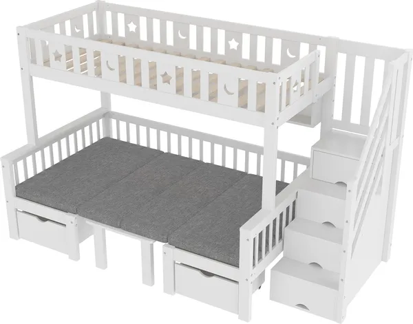 Etagenbett mit Sitzbänken und Tisch, 90x200cm/120x200cm, umbaubar zur zwei Schlafgelegenheiten, Kinderbett mit Rausfallschutz und Stauraum Bild 7
